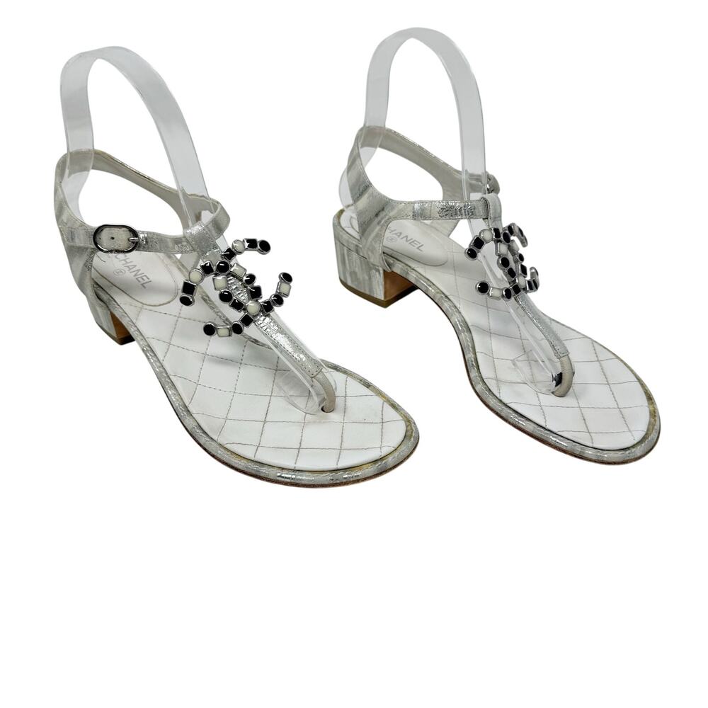Chanel 20P Silver Laminated Quilted CC Thong Block Heel Sandals 37.5 Box